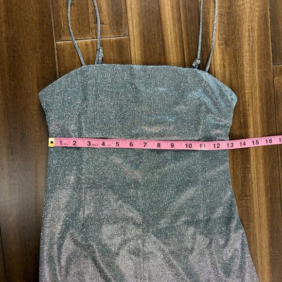 Size S Urban Outfitters Metallic Silver Tinsel Mini Dress Thin Straps y2k Square - Picture 3 of 13